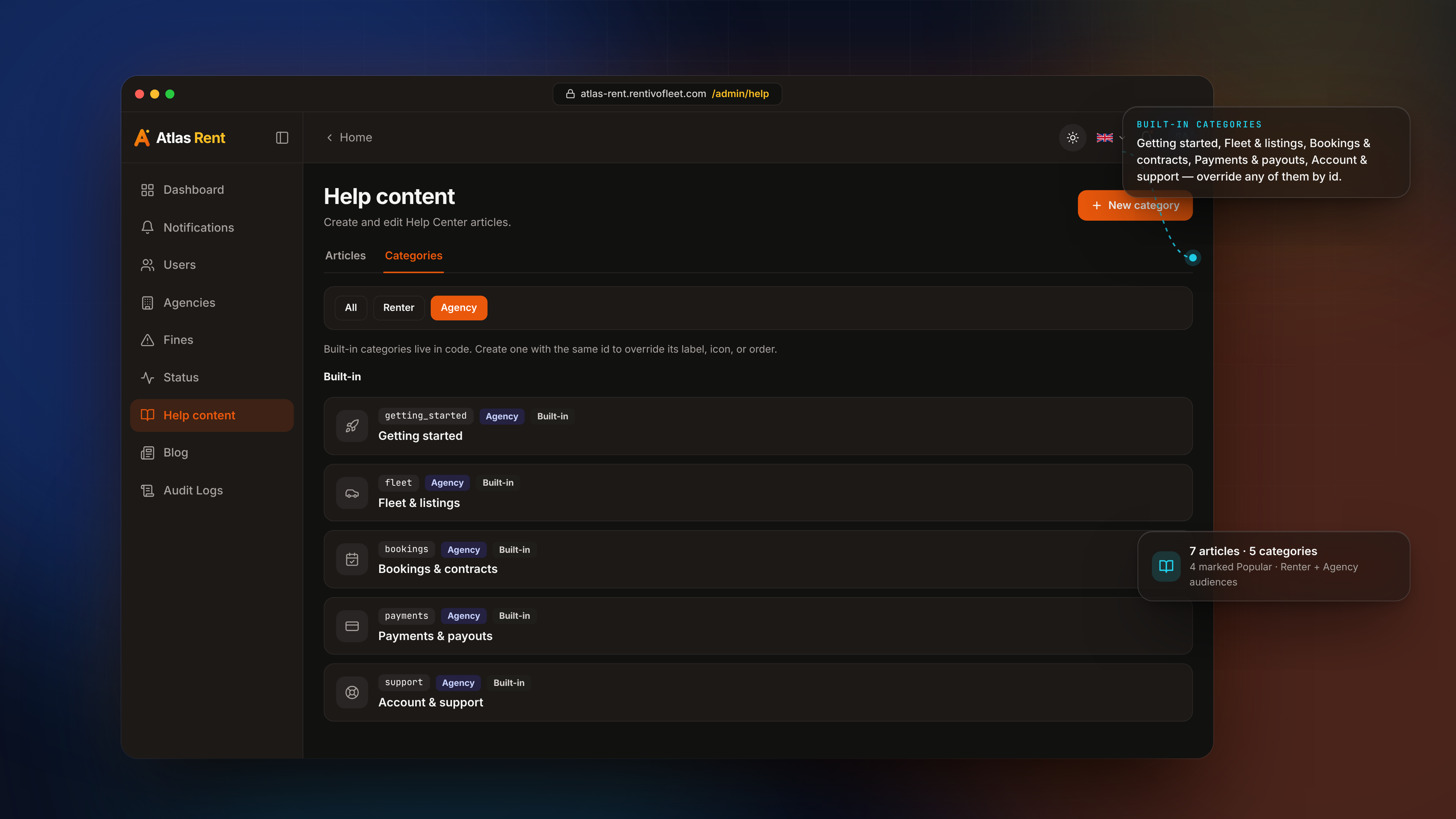 وظائف الإدارة — Help content categories dark