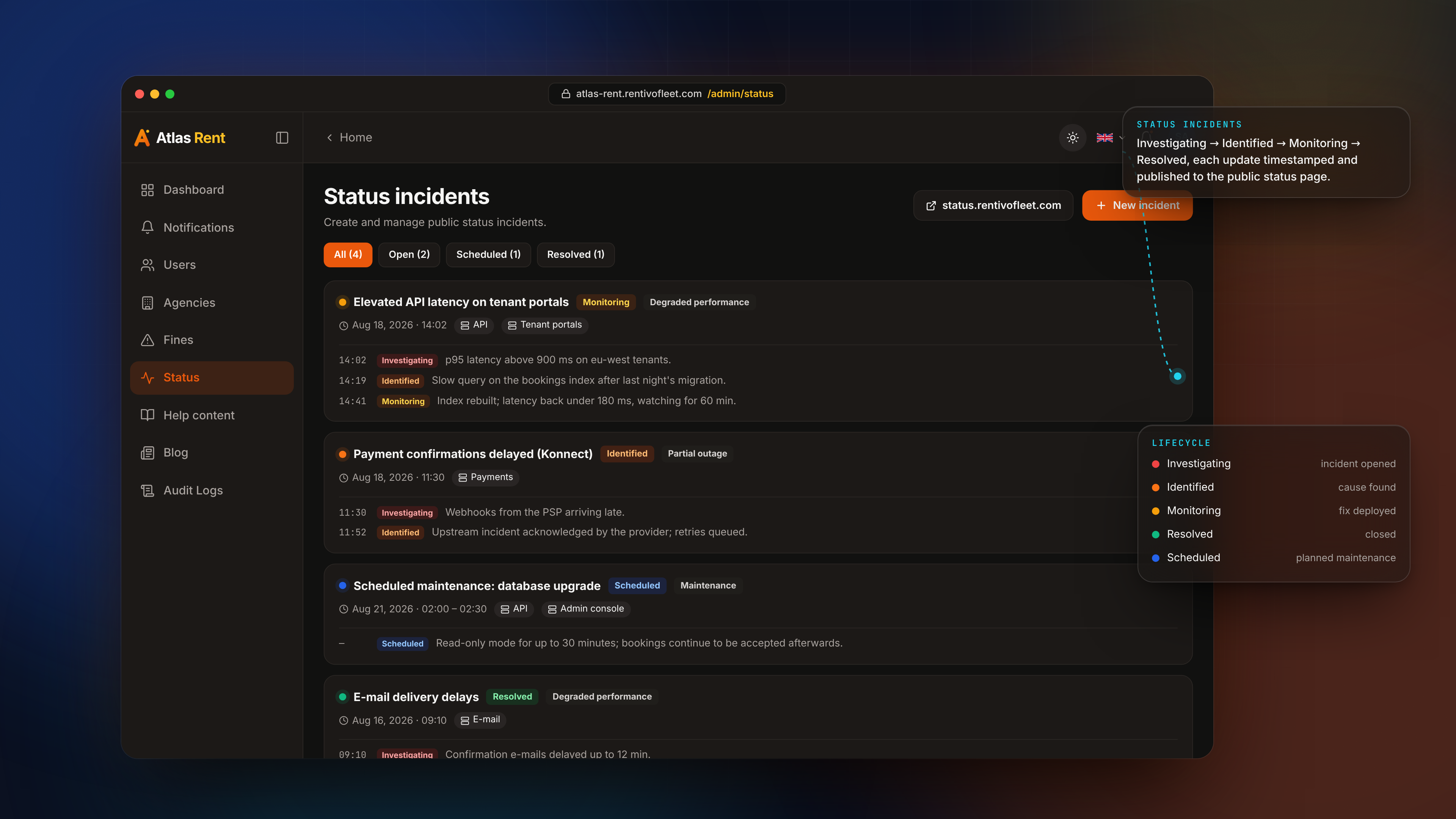 وظائف الإدارة — Status incidents dark