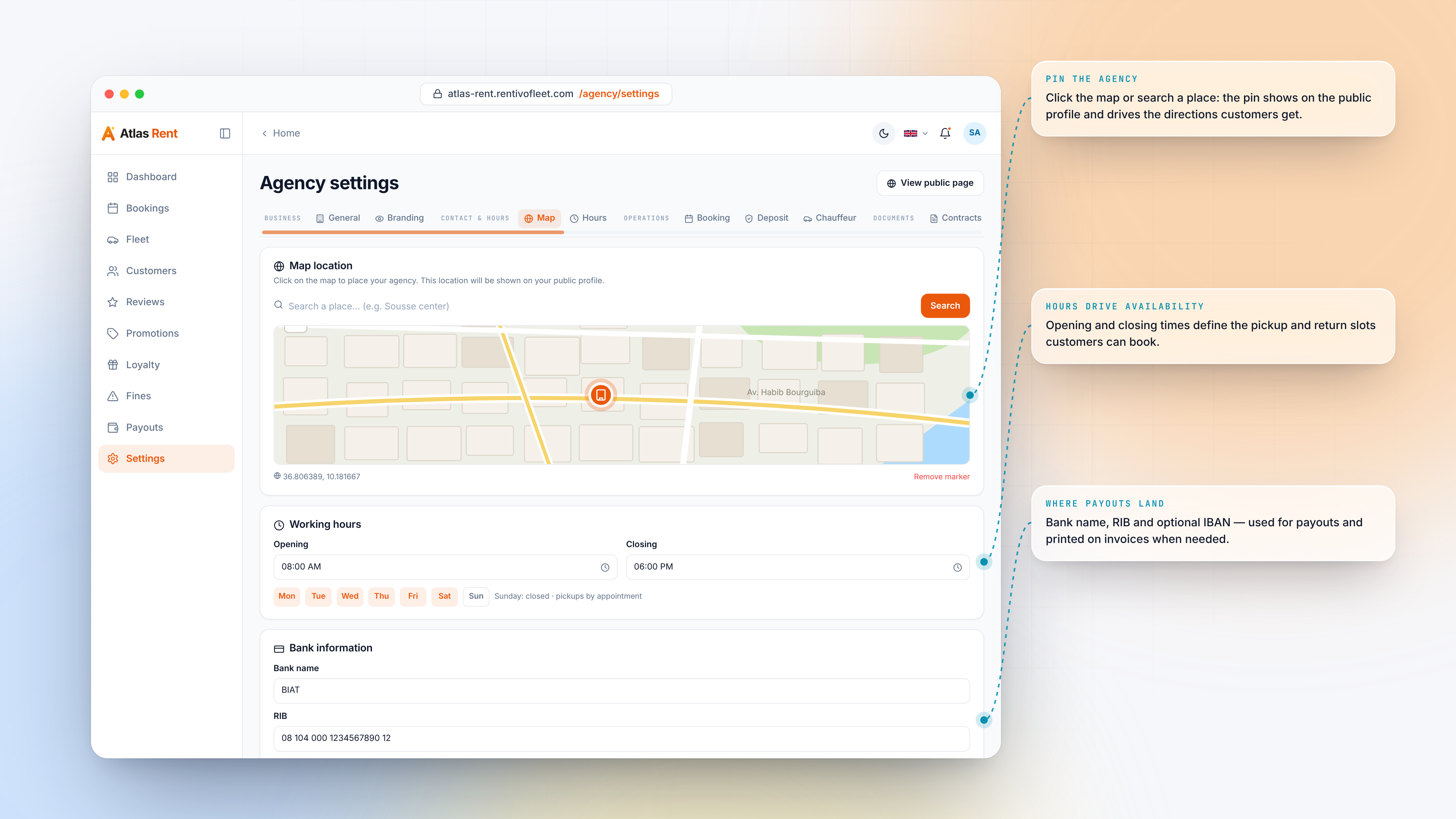 إعدادات الوكالة — Settings map hours bank light