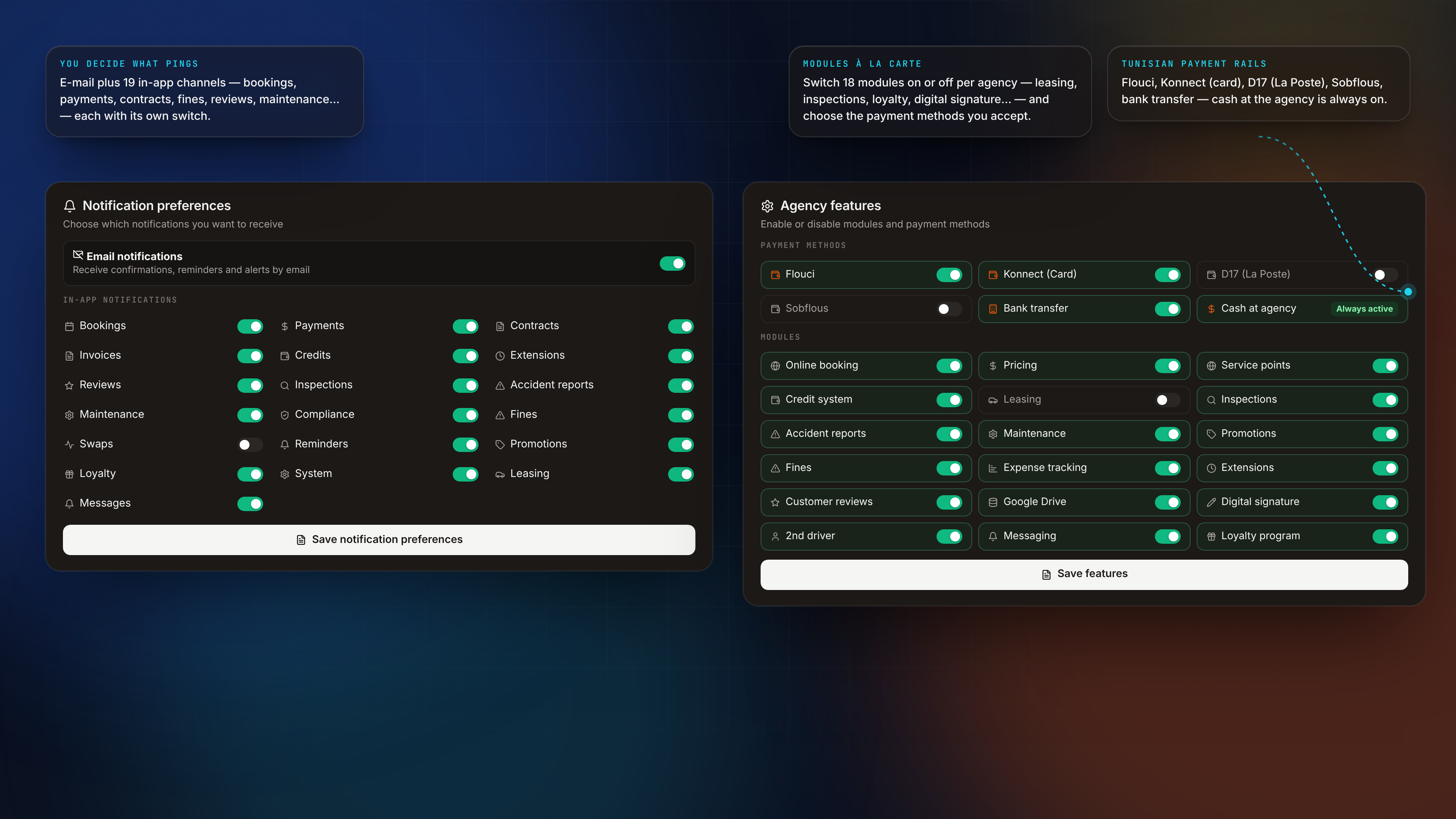 إعدادات الوكالة — Settings notifications features dark