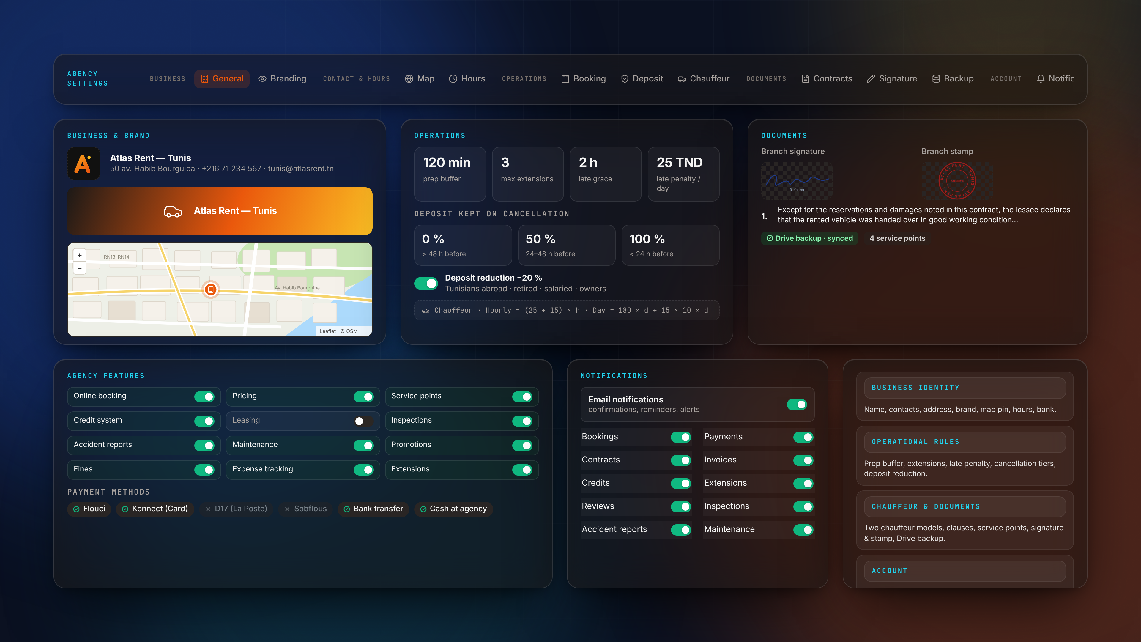 إعدادات الوكالة — Settings combined bento dark