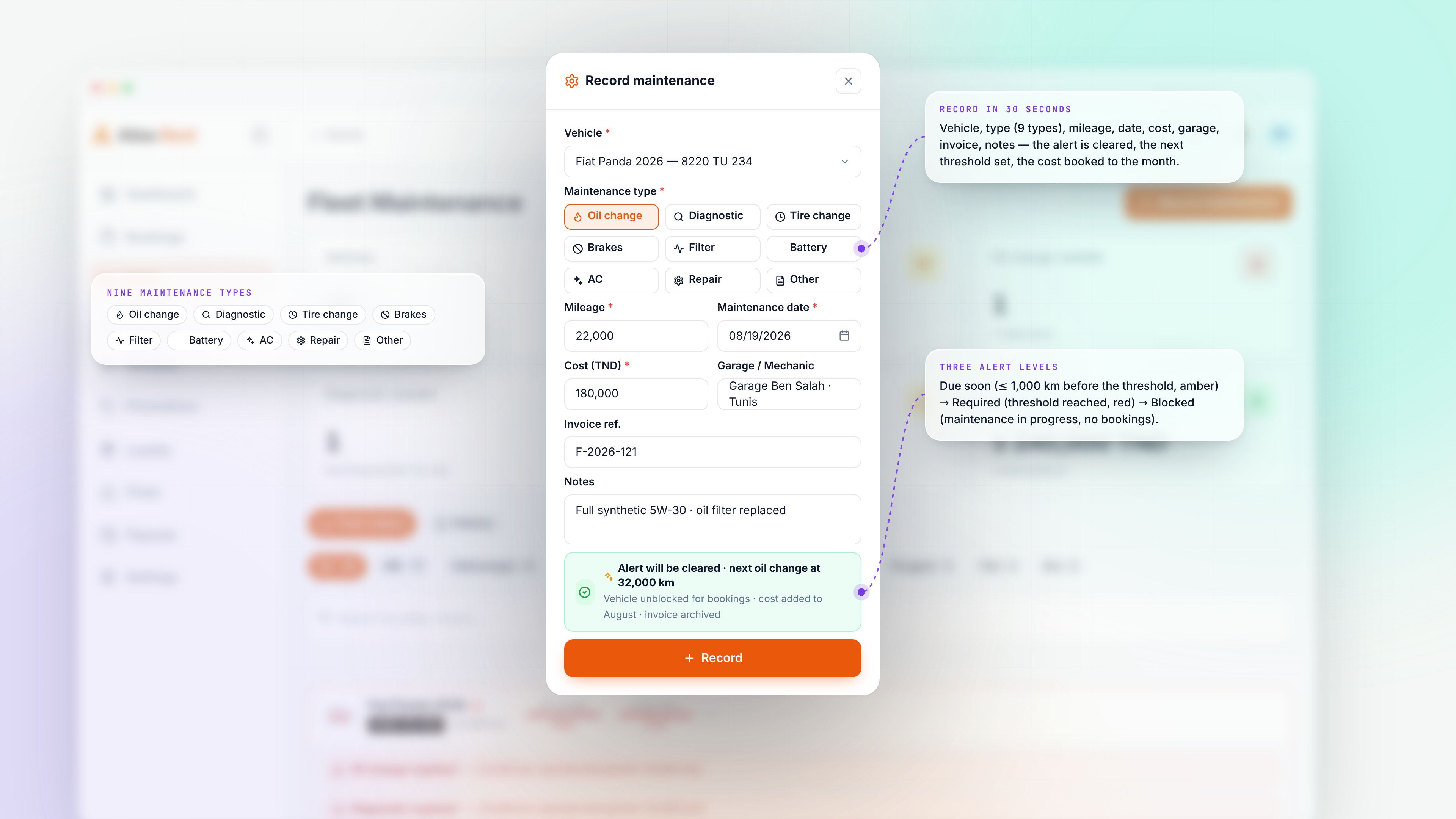 صيانة الأسطول — Record maintenance modal light