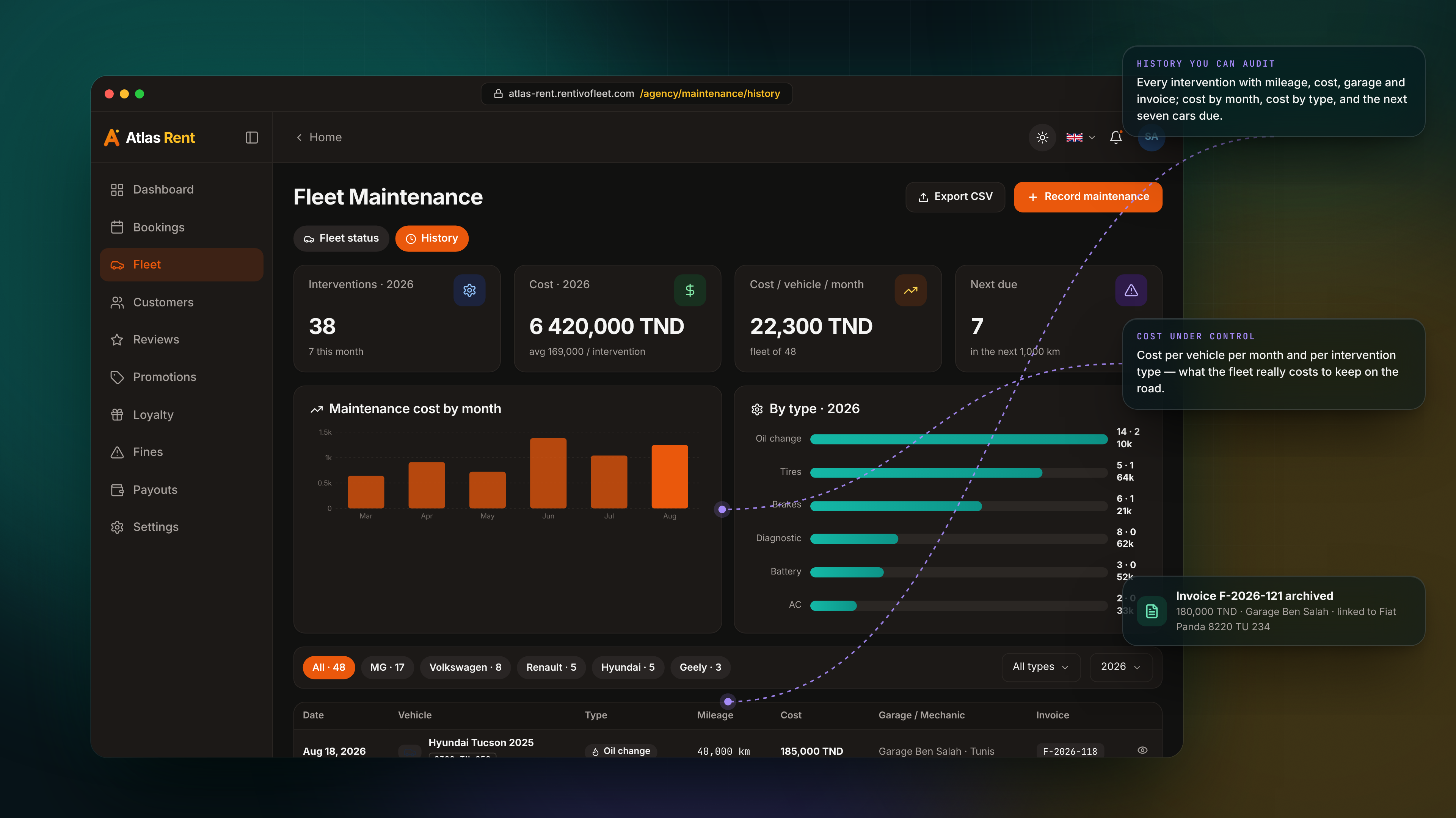صيانة الأسطول — Maintenance history dark