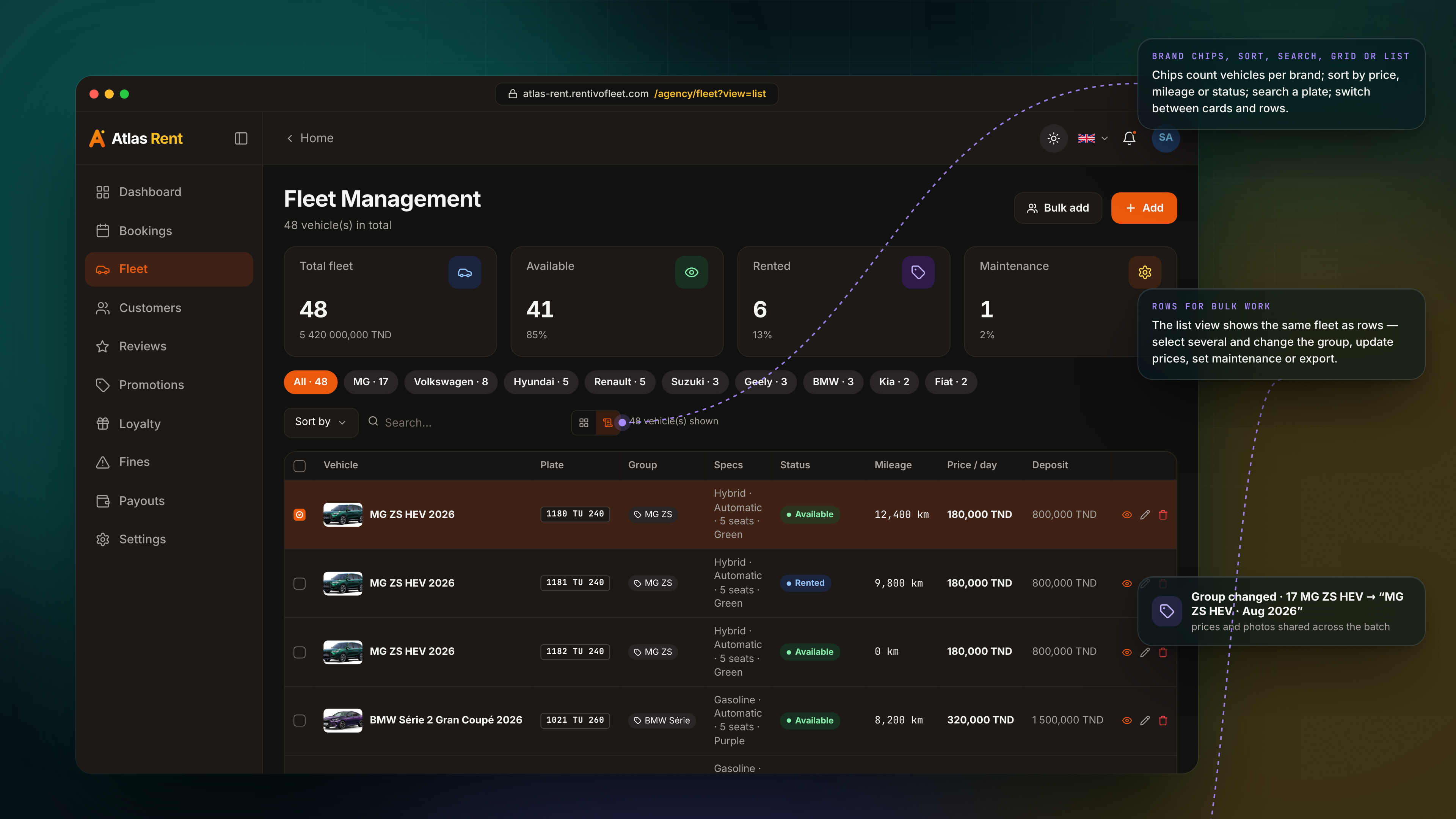 إدارة الأسطول — Fleet management list dark