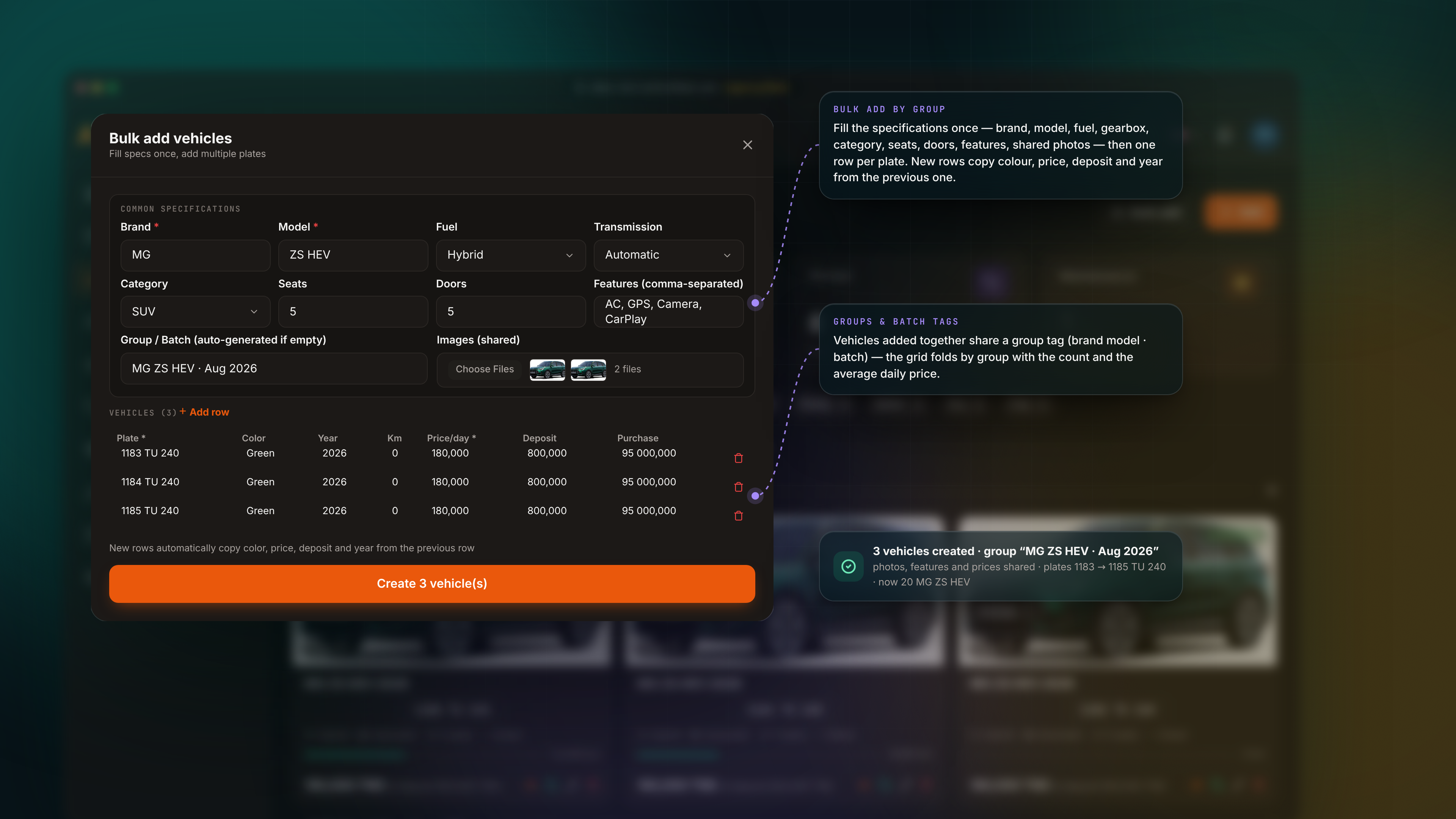 إدارة الأسطول — Bulk add modal dark