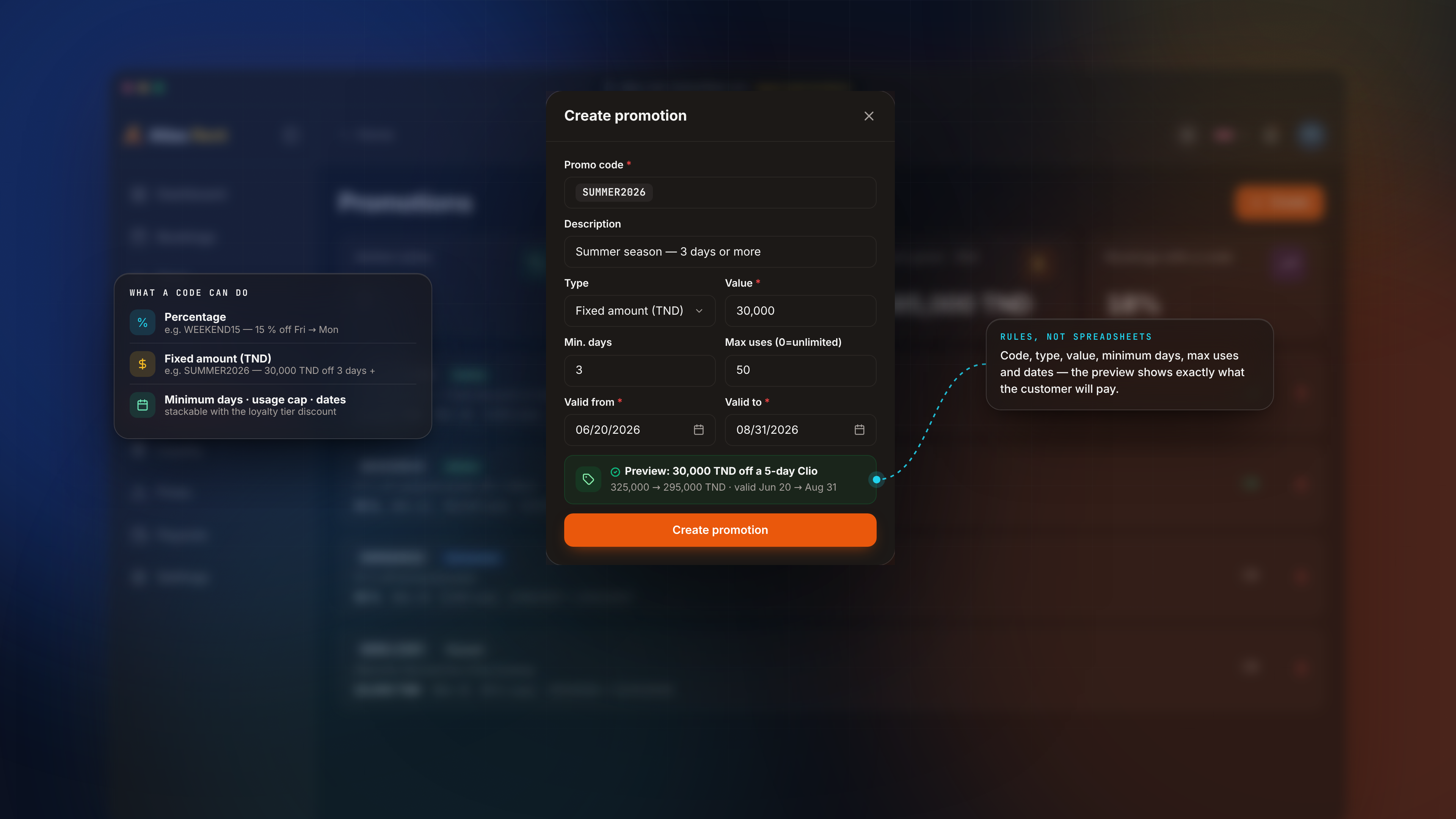التقييمات والعروض والولاء — Create promotion modal dark